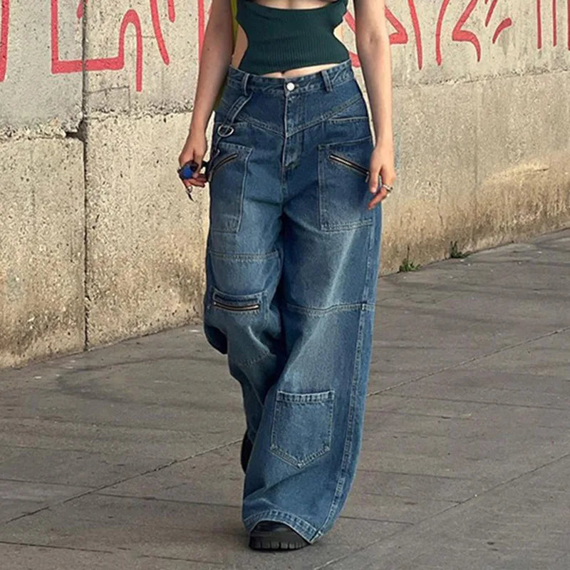 nvxiot - Women's Multi-pocket Distressed Jeans Female Long Pants Straight Wide-leg Zipper Streamer denim trouser Spring New Fashion 2024