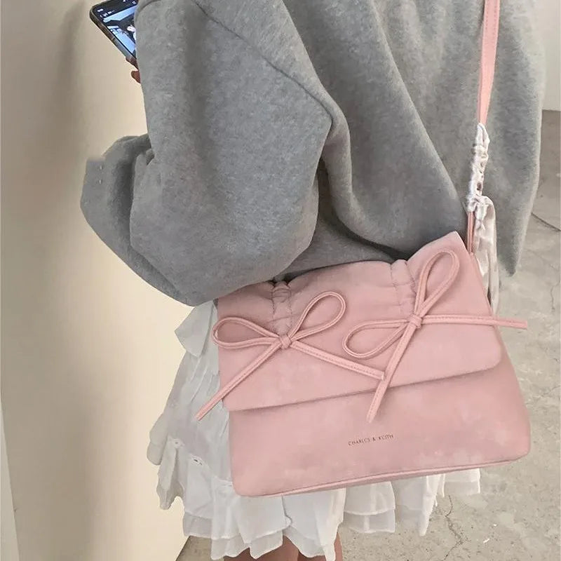 nvxiot - Pink Womens Shoulder Bag 2024 Fashion Pleated Elegant Casual Bow Tote Bag Scarves Large Capacity Exquisite Female Handbag