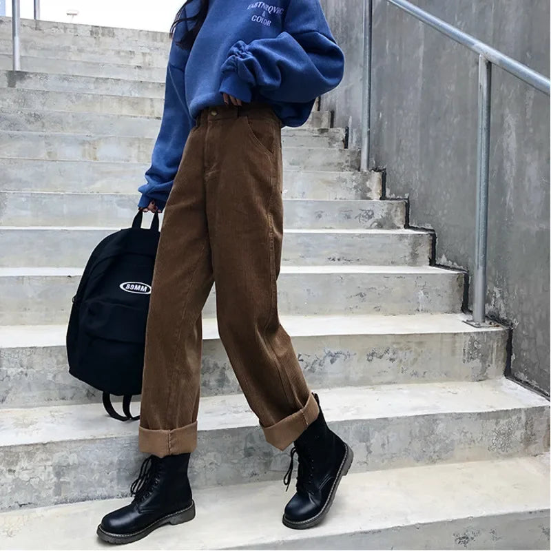 nvxiot - 2024 new women Winter High Waist Corduroy Pants Wide Leg Trousers Autumn Streetwear Casual Harajuku Long Pants Loose Trousers