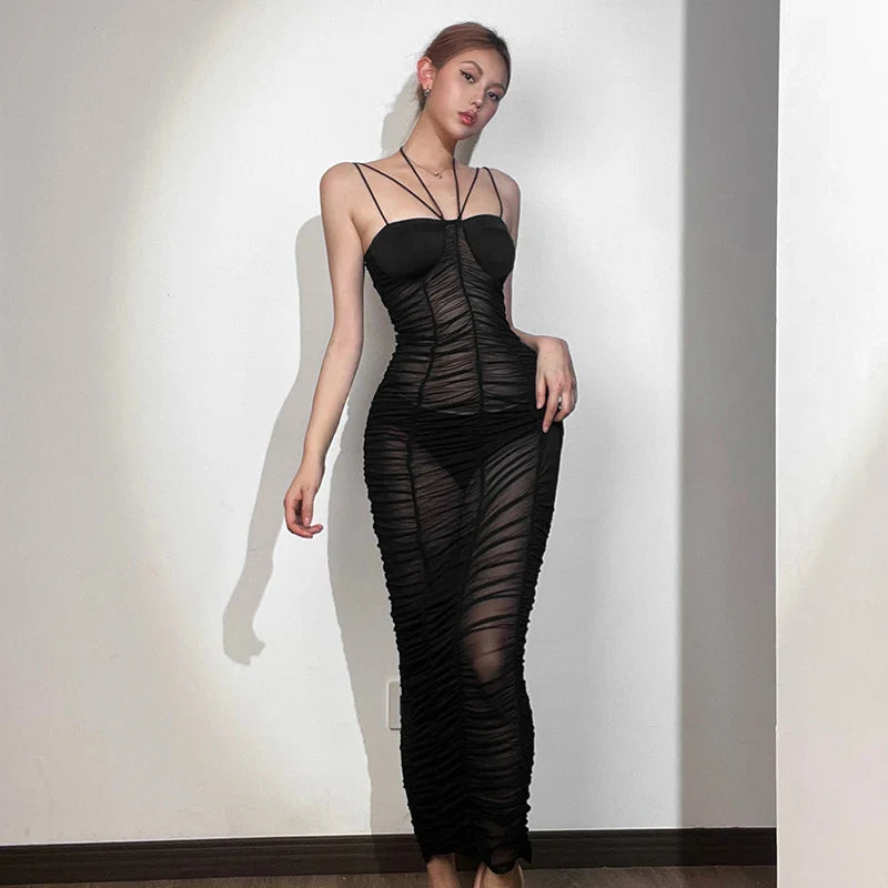 MQTIME - European and American Style Sexy Mesh Hollow Suspender Skirt Women's Design Sheath Dress Dress Nightclub Dress Summer Dress