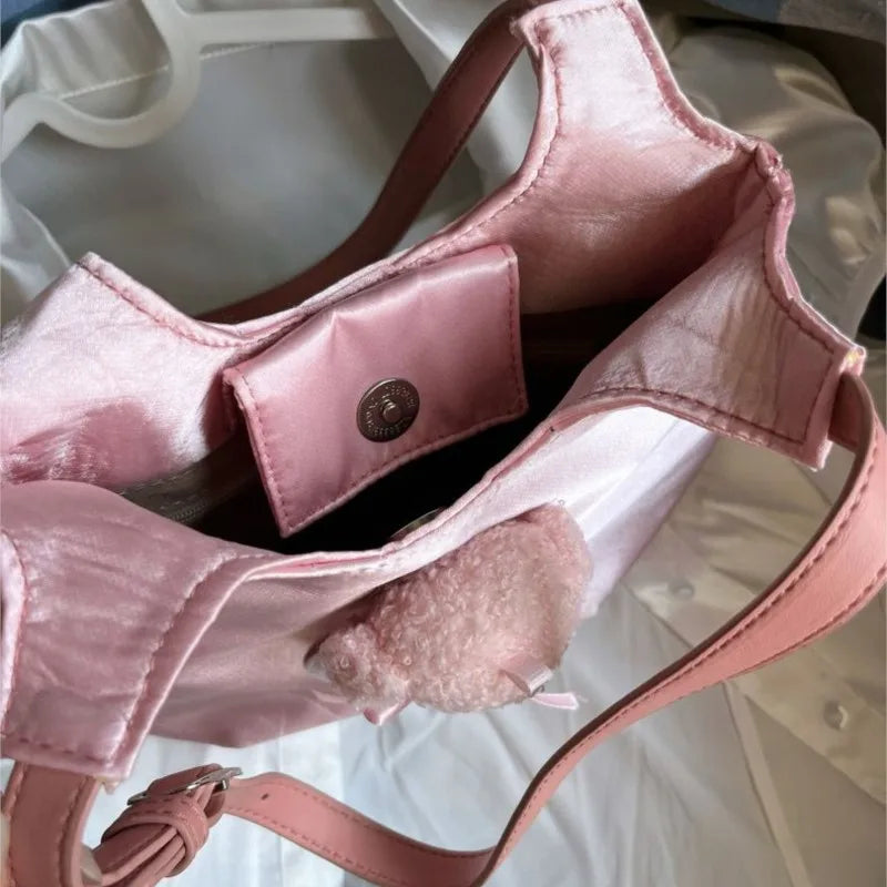 MQTIME - Sweet Cool Pink Handbag Women Retro Hot Girls Satin Chic Soft Y2k Bags Ladies Vintage Dog Cute Underarm Bag Aesthetic
