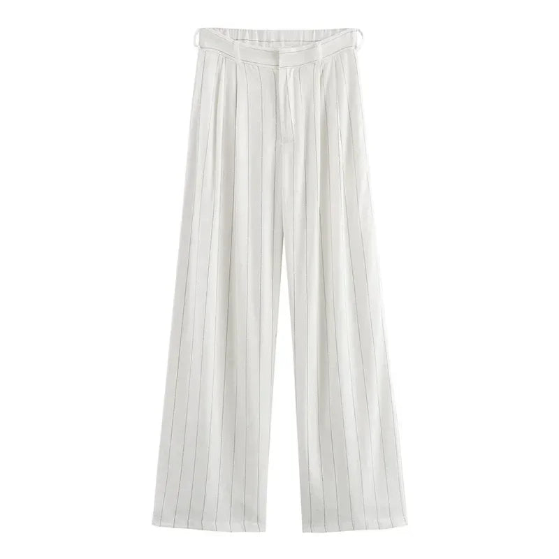 MQTIME - Elegant Striped Pants Set Women 2 Piece V-neck Sleeveless Single Breasted Top Wide Leg Trousers Sets 2024 Summer Nes Lady Outfit