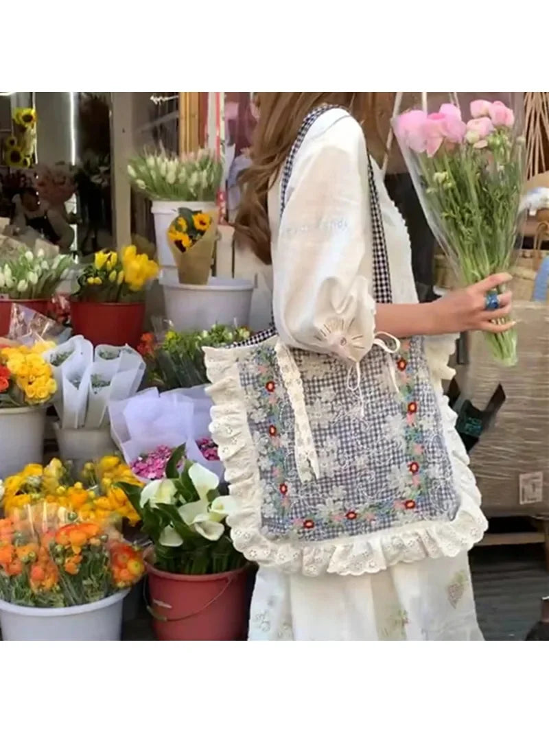 nvxiot - Women Vintage Plaid Lace Embroidery Single Shoulder Bags Totes Women's Soft Floral Cotton Large Capacity Bag