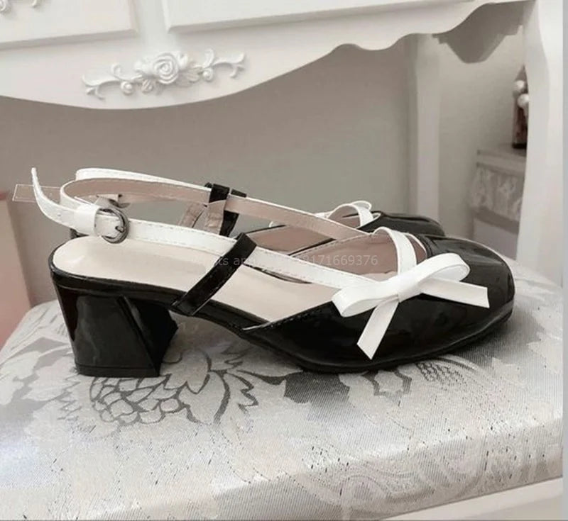 MQTIME - Cute Pink Round Toe Slingback Sandals Fashion Chunky High Shallow Patent Leather Sandals 2024 Luxury Women Pumps