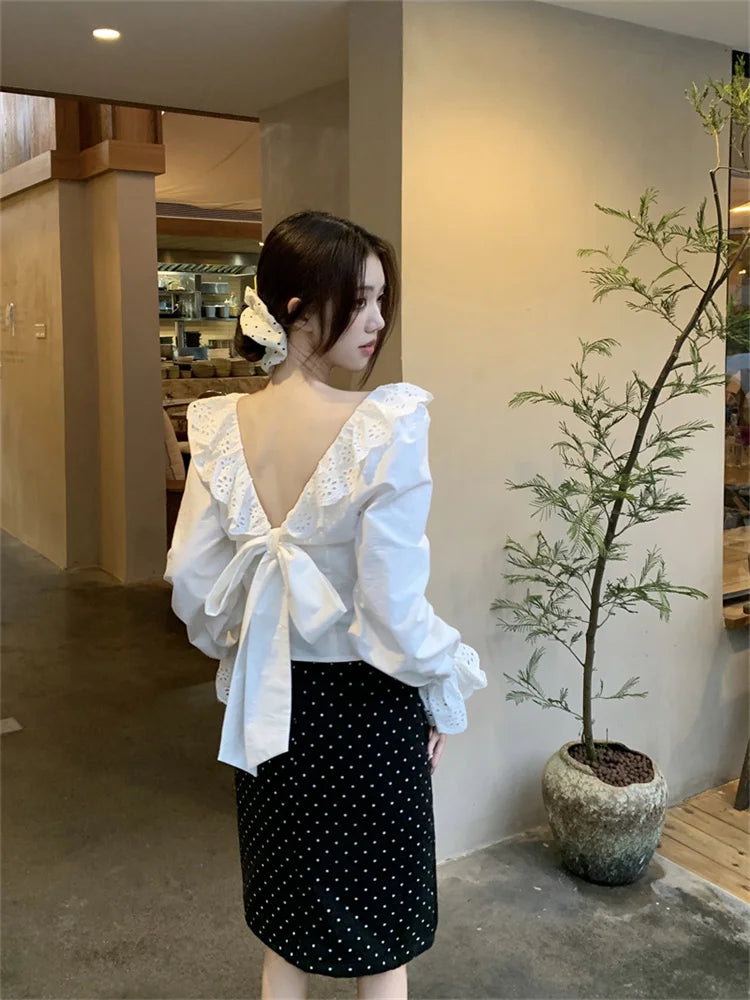 nvxiot - French Style Backless Long Sleeved Shirt for Women Summer Bow Short Blouse Elegant White Ruffled Top Blusas Femininas Elegantes