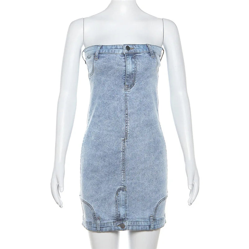 nvxiot - Zipper Button Fly Strapless Jeans Dress Women Sexy Wrap Chest Sleeveless Backless Slim Denim Mini Casual Dresses Clubwear Outfit