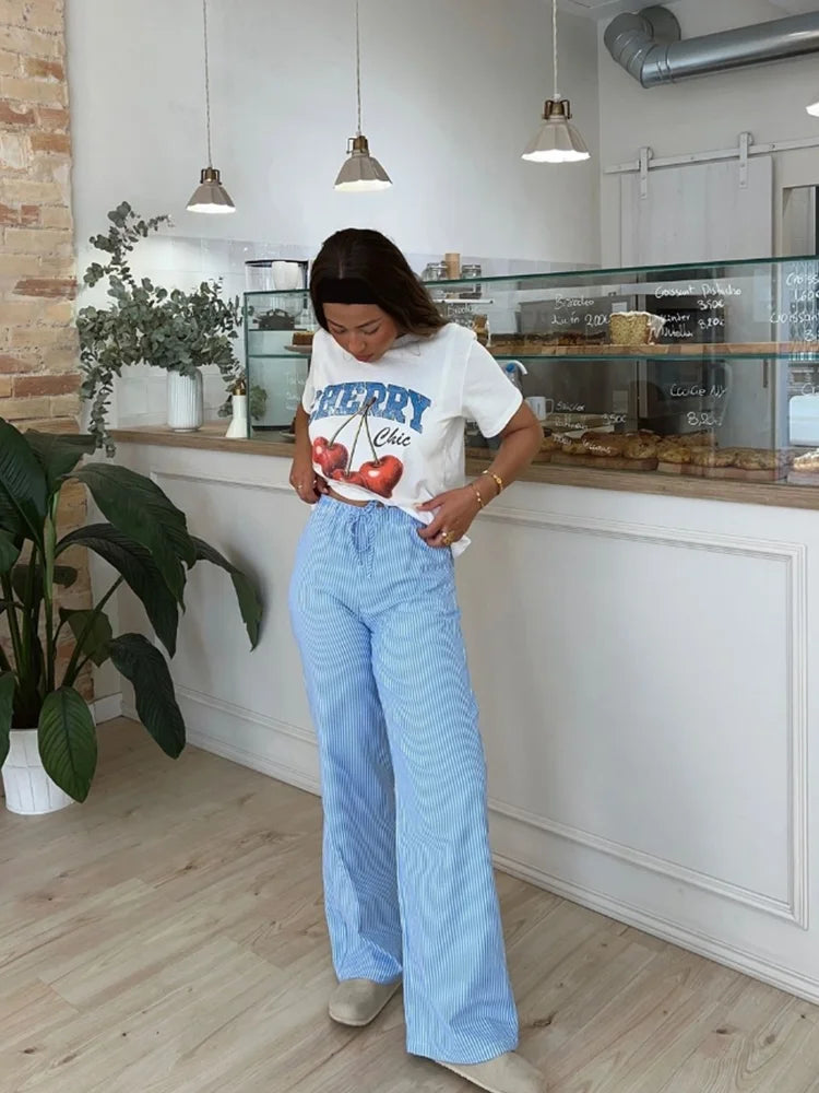 nvxiot - women's 2024 summer new loose casual pants elastic mid-waist wide-leg pants straight striped trousers 6929/410