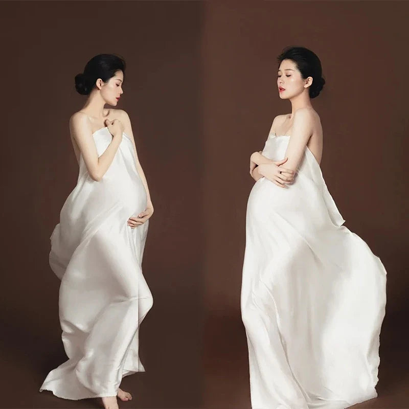 nvxiot - White Maternity Photography Props Maxi Maternity Gown Silk Cloth Maternity Dress Elegant Satin Shooting Photo Pregnant Dress Plu