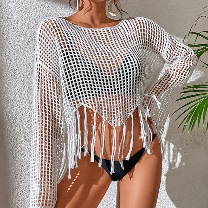 MQTIME - See Through Hollow Out Bikini Cover Ups Women Beachwear Flared Long Sleeve Tassel Smock Crop Tops Swimsuit Cover-Up