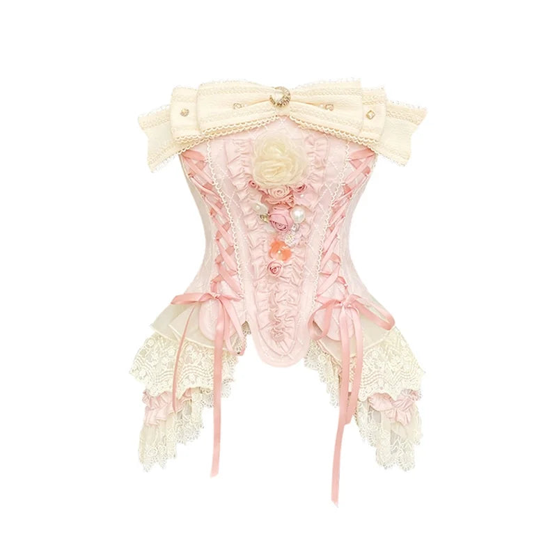 MQTIME - Bow Slash Neck Lace Up Pink Corset Crop Tops White Lace Patchwork Ruffled High Waist Shorts 2 Piece Sets Womens Outifits