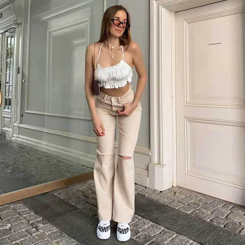nvxiot - New Apricot Autumn Casual Wide-leg Pants with Holes In The Knees Solid Color High-waist Denim Trousers Women Streetwear