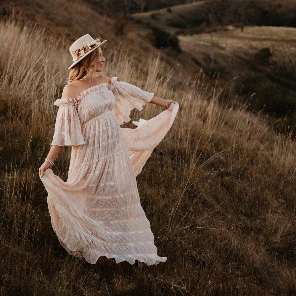 nvxiot - Bohemian Photo Shooting Pregnancy Dress Rose Theme In The Wilderness Pleated Chiffon Maternity Dress Clothes For Pregnant Women