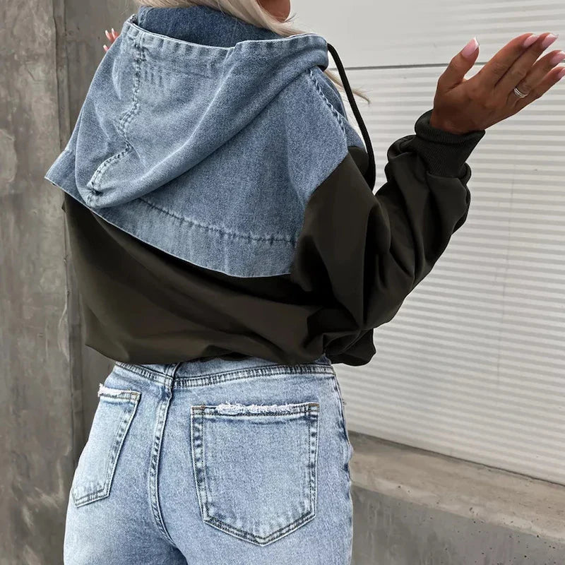 MQTIME - Casual Long Sleeve High Street Sweatshirts Autumn Women's Denim Patchwork Hooded Tops 2024 Fashion Zipper Pocket Loose Pullover