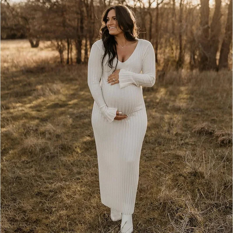 nvxiot - Maternity Women Ribbed Knit Maxi Dress Long Sleeve V Neck Slim Fit Bodycon Pencil Long Dress Party Clubwear Baby Show