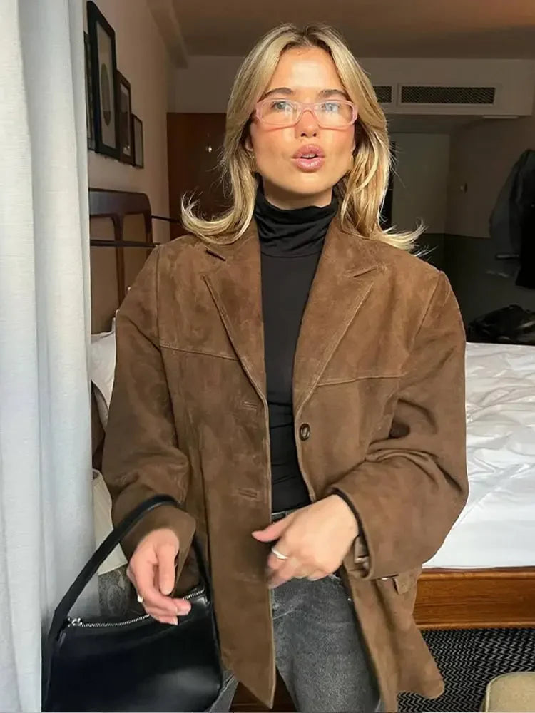 MQTIME - Woman Fashion Brown Lapel With Pocket Jacket Vintage Single Breasted Long Sleeve Short Coat Autumn Lady High Street Outerwear
