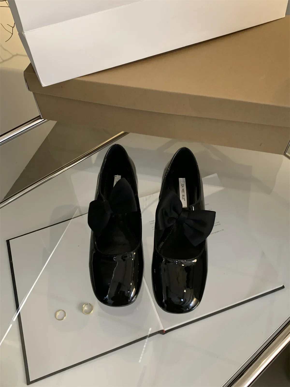 MQTIME - Butterfly Knot Med Heels Loafers British Style School Shoes Preppy Style Young Lady Daily Wear French Square Toe Chunky Heel Sho