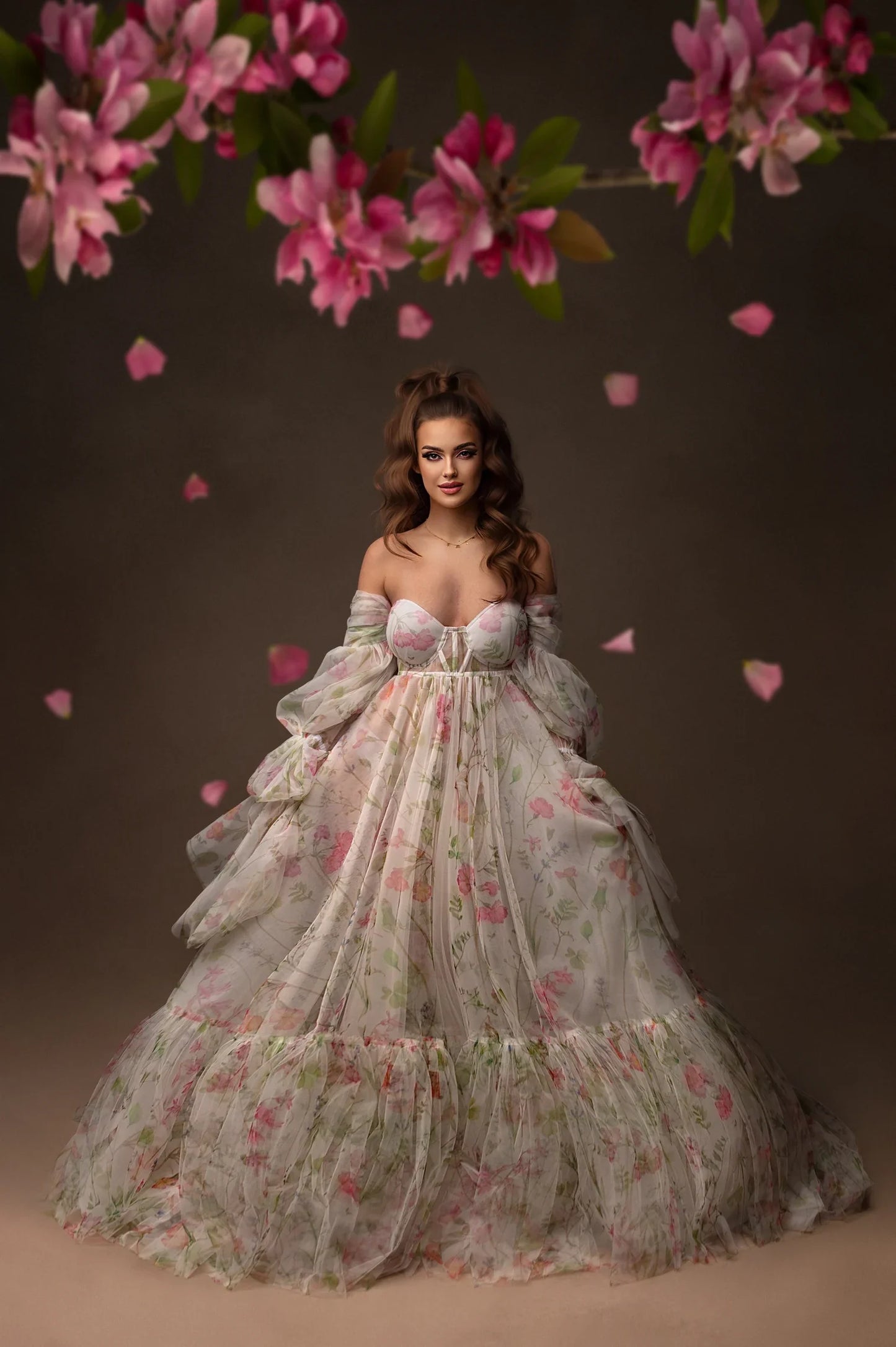 nvxiot Gorgeous Blossom Maternity Dresses for Photo shoot Silk Print Flowers Maternity Robes Babyshower Photography Dress Puff Sleeves