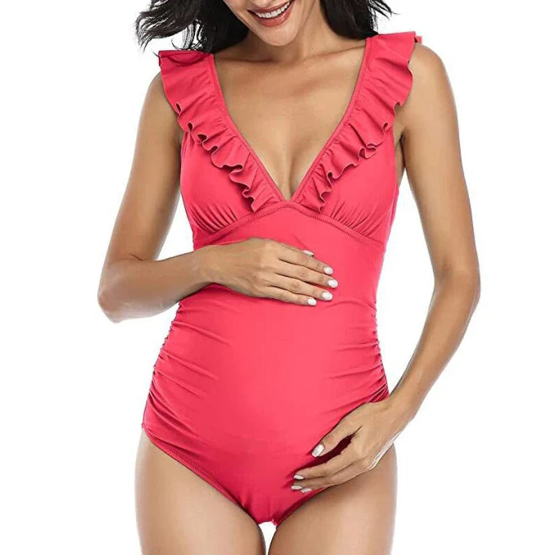 nvxiot - Maternity Swimsuit One Piece Ruffle V Neck Swimwear Lace Up Back Bathing Suit Monokini Maternity Beach Bikini SPA