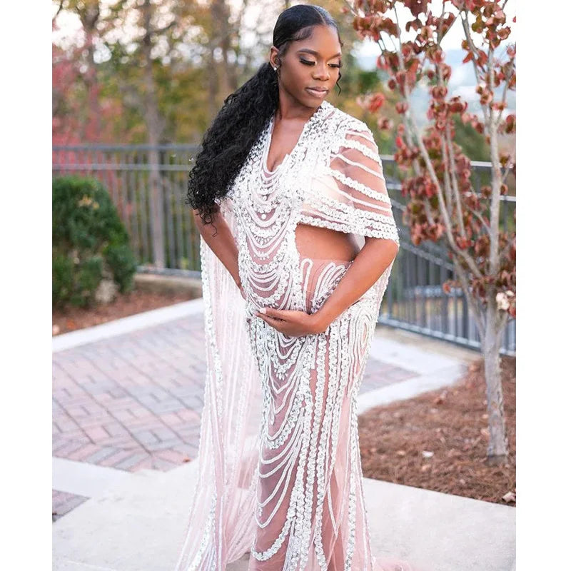 nvxiot - Maternity Photography Props Dress Pregnant Woman Photo Shoot Outfit Long Dresses Sexy Goddess Shiny Rhinestone Sequins Cape