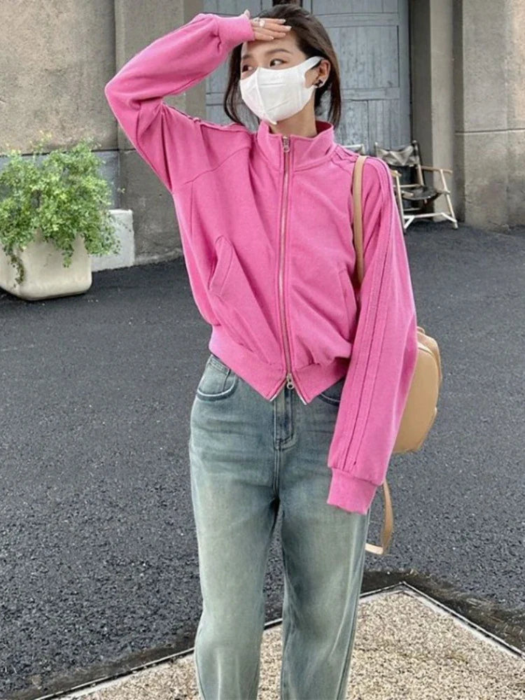 nvxiot - Womens Casual Vintage Pink Jackets Fashion Korean Double Zipper Jacket Chaquetas Loose All Match Pink Y2k Aesthetic Coats