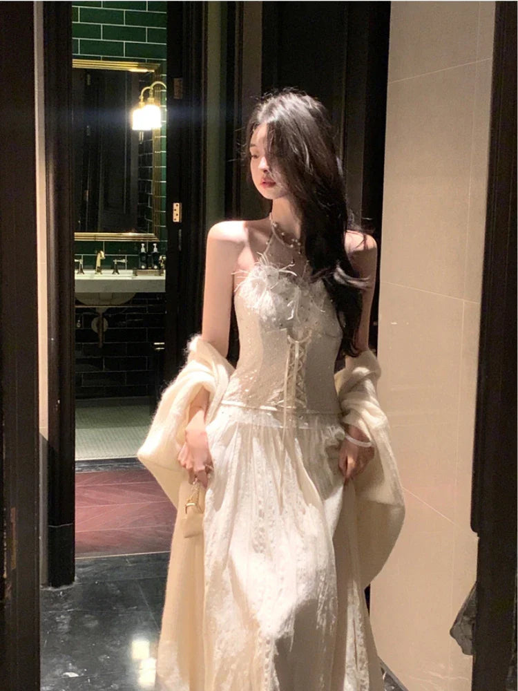 MQTIME - Elegant Even Party Midi Dress Women Casual Bodycon Sexy Vintage Dress Beach Style One Piece Dress Korean Fashion Chic Retro