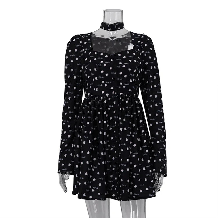 MQTIME - Sexy Slim Print Women Dress Fashion Square Collar Long Sleeve Mini Dress Elegant High Waist Pleated Skirt 2024 Lady Robes