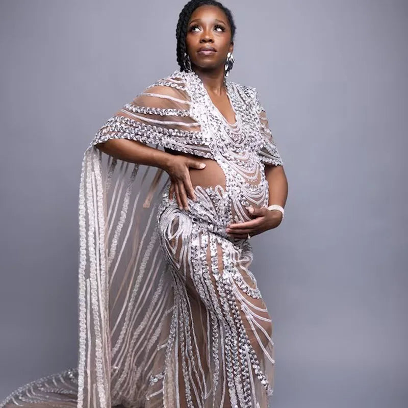 nvxiot - Maternity Photography Props Dress Pregnant Woman Photo Shoot Outfit Long Dresses Sexy Goddess Shiny Rhinestone Sequins Cape