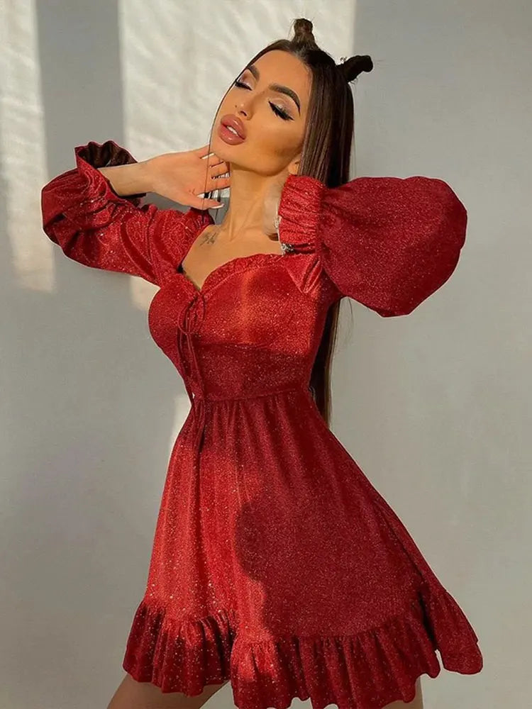 nvxiot Elegant Solid Slim Pleated Dresses For Women Casual A Line Lace Up Long Sleeve Robes Fashion Autumn Club Party Vacation Dress