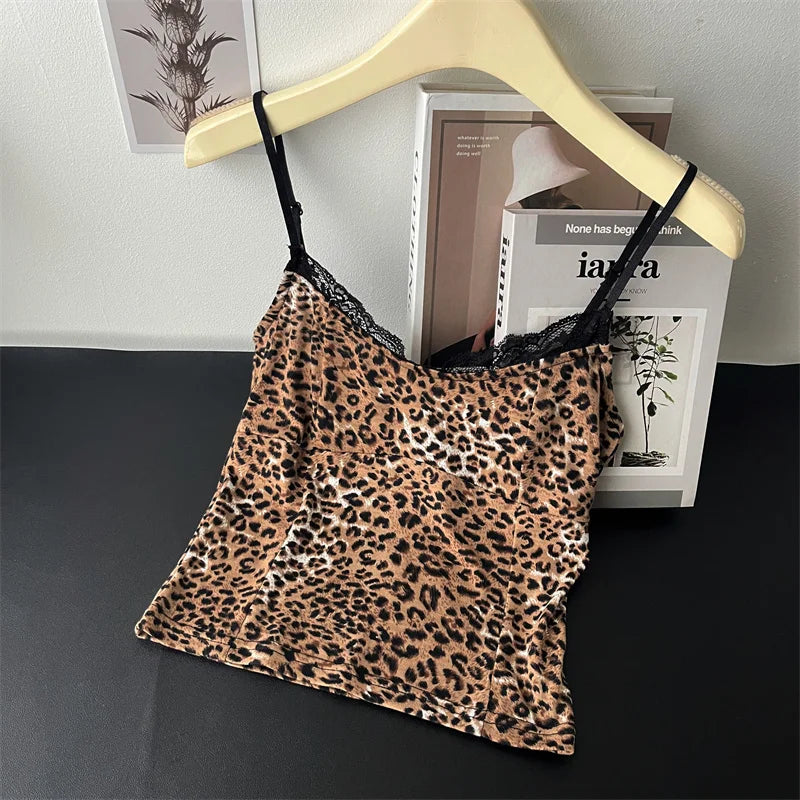 nvxiot - Small leopard print top, slim fit, sexy, sweet girl, short suspender, fashionable and versatile, new spring/summer 2024