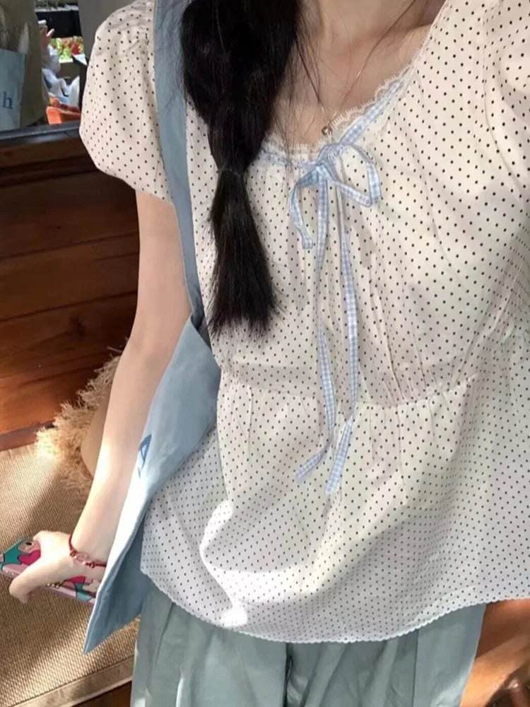 MQTIME - Kawaii Dot Print Blouse Women Sweet Lace Bow Puff Sleeve Summer Shirt Korean Fashion Loose Casual Cutecore O-neck Tops