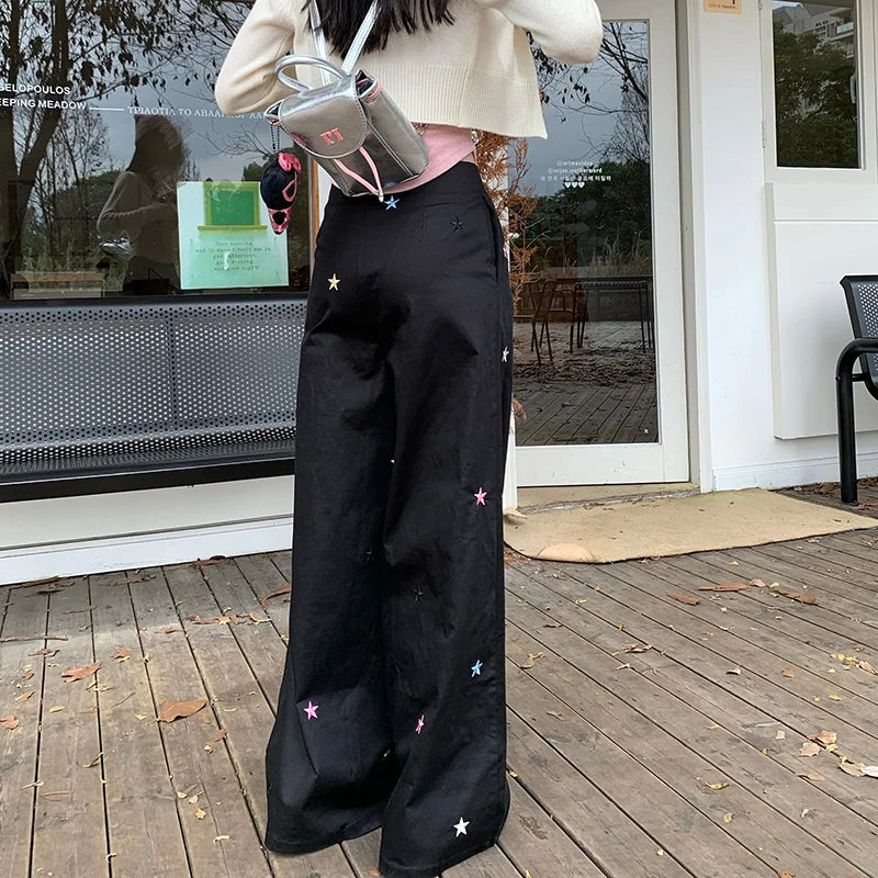 nvxiot Vintage Star Embroidery Casual Y2K Black Cargo Pants Women Autumn New High Waist Drawstring Loose All Match Wide Leg Pants