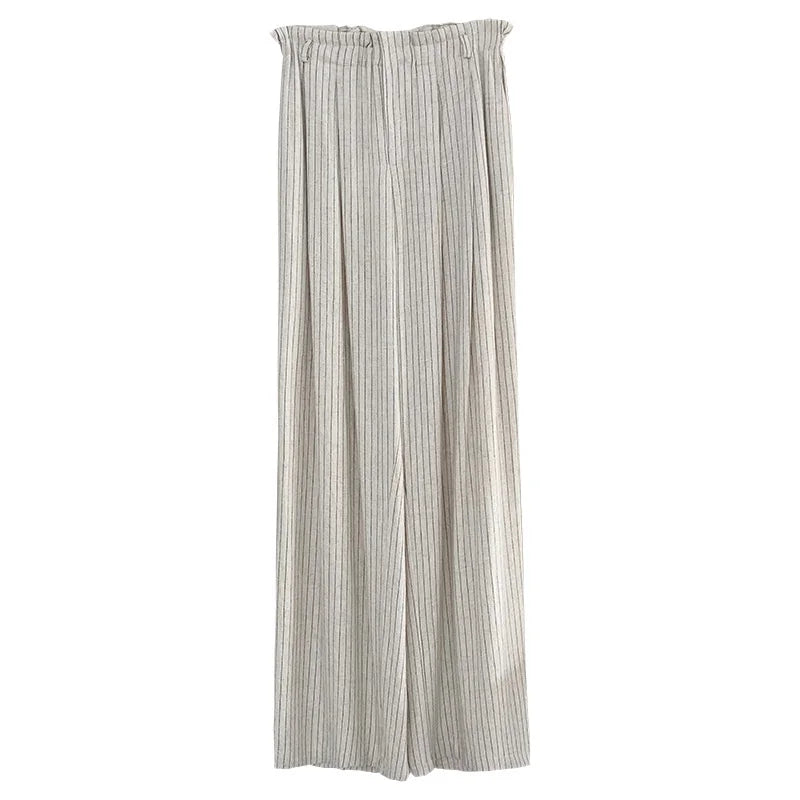 nvxiot - Stripe Linen Cotton Long Pant Women High Waist Wide Leg Pants