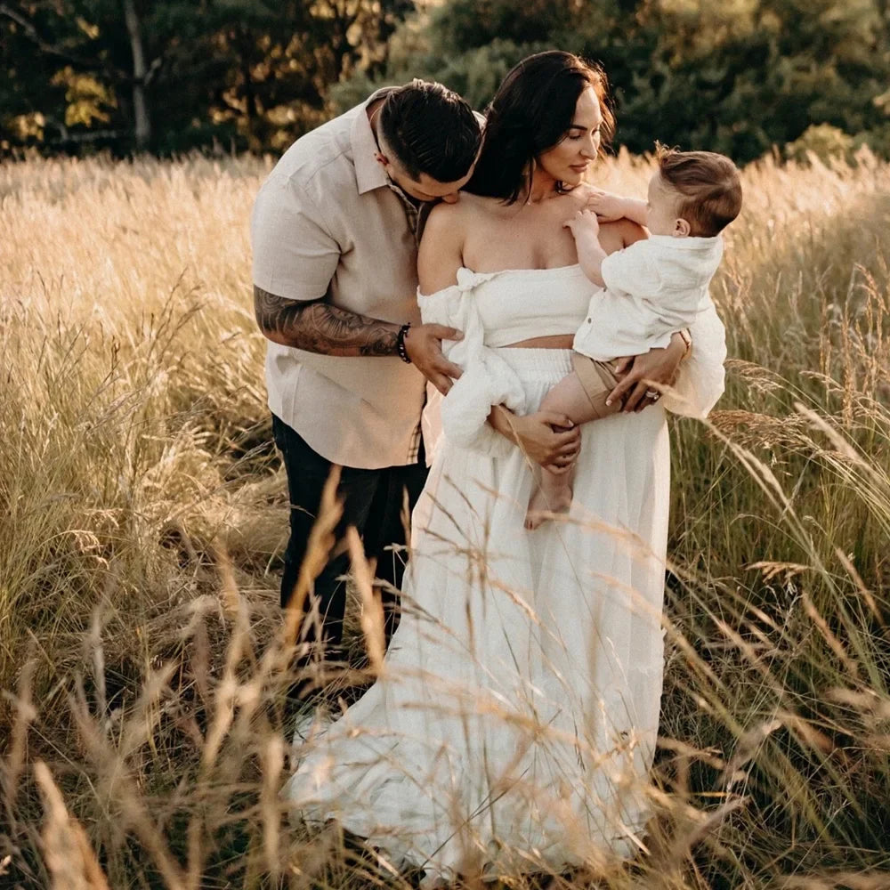 nvxiot - Maternity Dresses For Baby Showers Two Piece Set Long Sleeved Of Linen Cotton Boho Style Dress Photo Shooting Pregnancy Dress