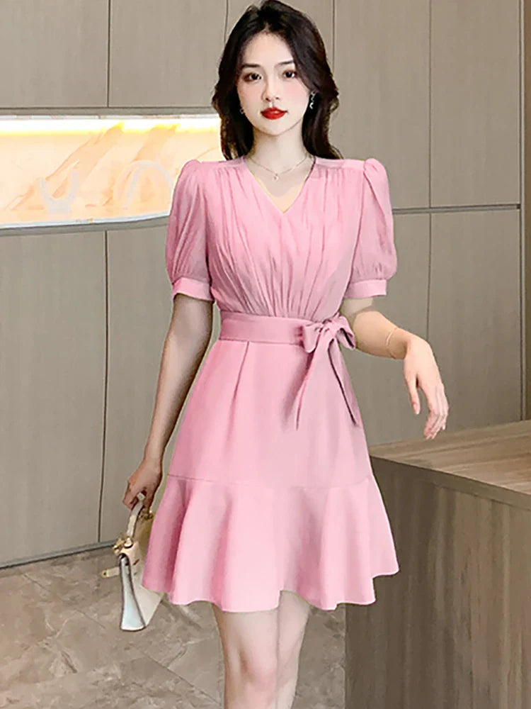MQTIME - Summer Pink Short Sleeve V-Neck Mini Dress Women Green Elegant Chic Ruffled Mermaid Dress 2024 Solid Bodycon Party Evening Dress
