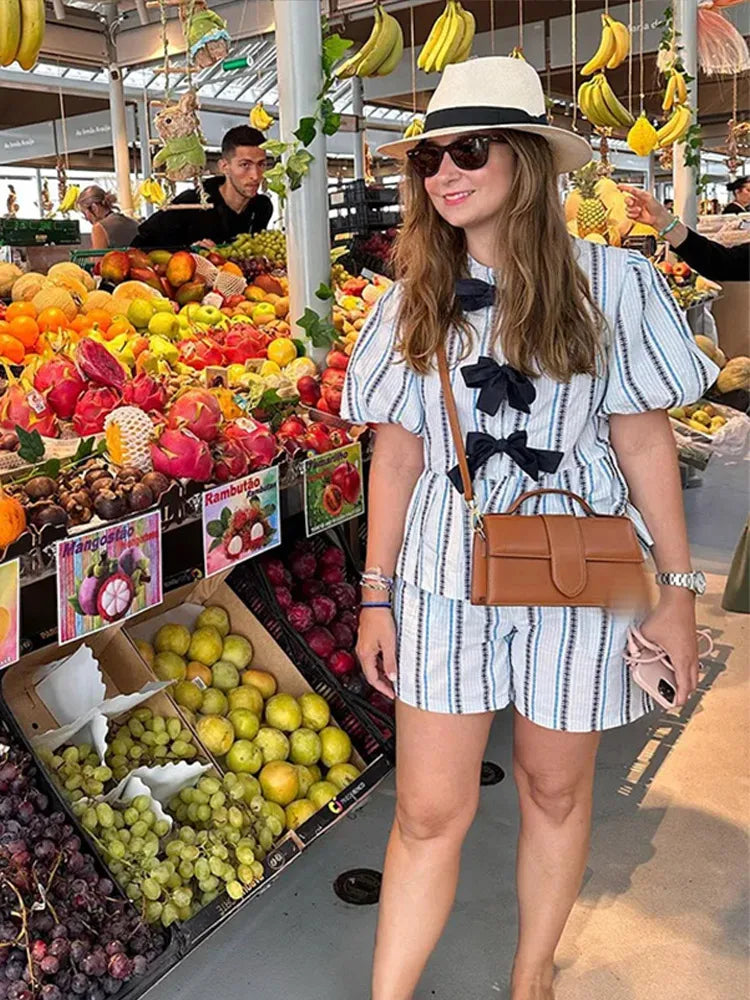 MQTIME - Casual Stripe Bow Lace Up Shirt Shorts Suit Women Short Sleeve Tops Elastic Waist Shorts Set Female 2024 Summer Vacation Outfits