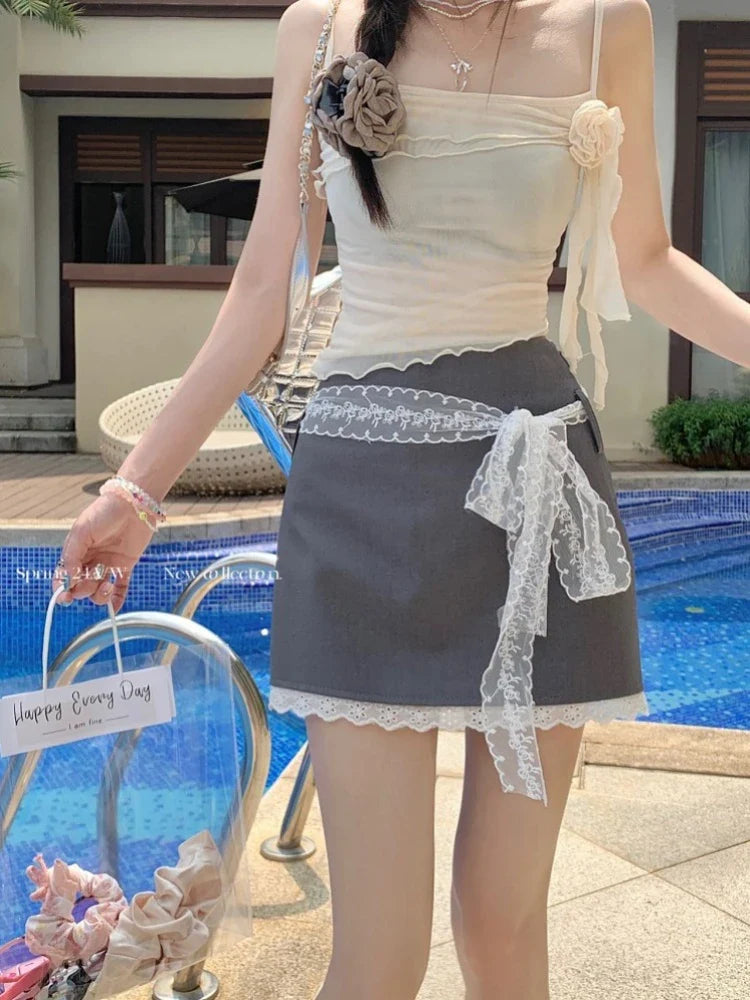 MQTIME - Black Hip Wrap Mini Skirt Women Kawaii Lace Patchwork High Waist A-line Skirt Summer Fashion Korean Style Cutecore Skirt