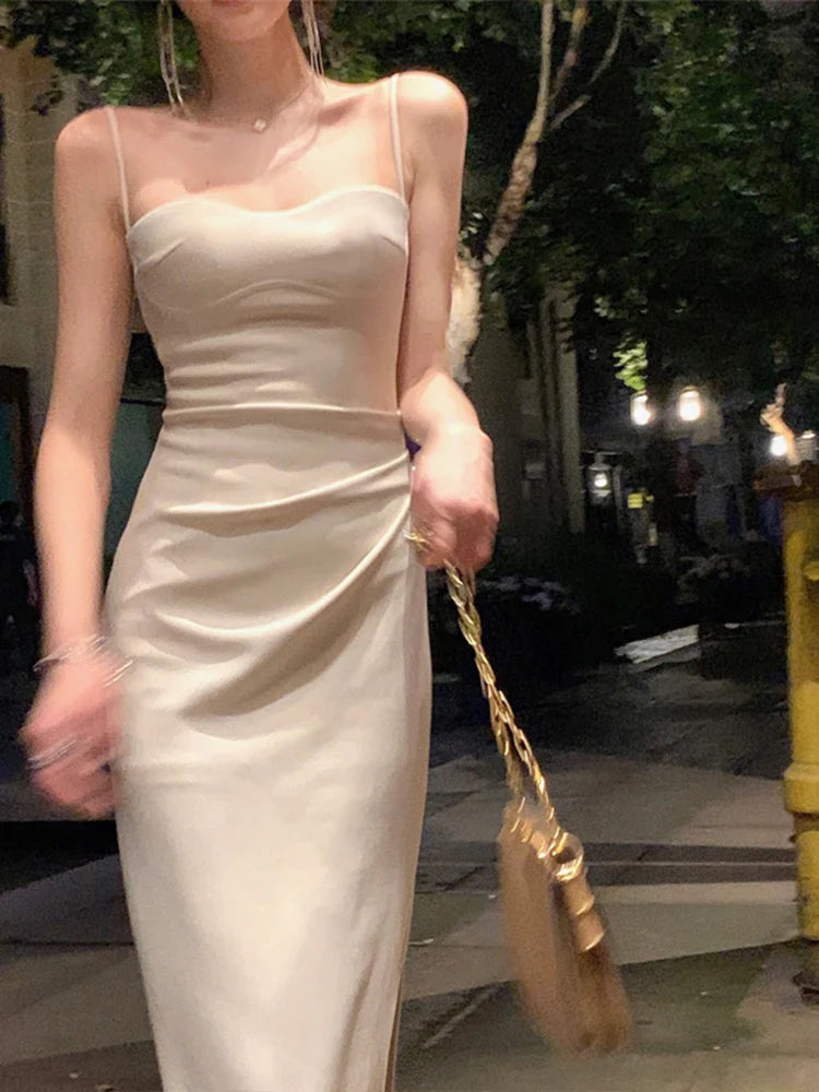 nvxiot - New Fashion Vintage Bodycon Dress for Women Elegant Sleeveless Spaghetti Strap Slim Solid Formal Dress French 2023 New Summer