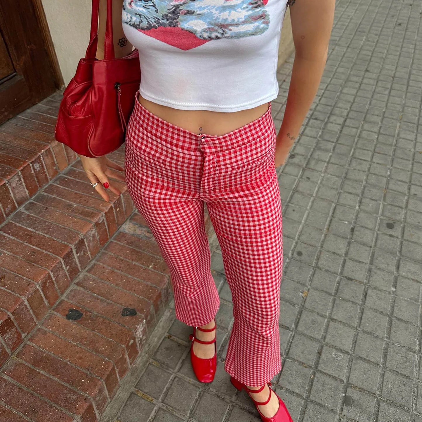 nvxiot - Womens Plaid Wide Leg Flare Pants High Waist Baggy Checkerboard Printed Straight Leg Trousers Joggers Streetwear