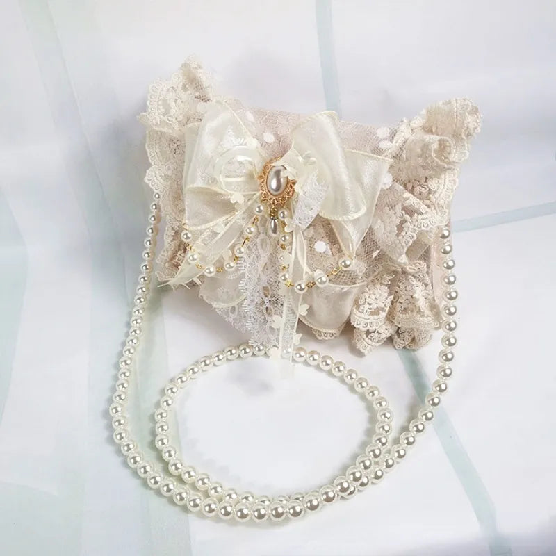 nvxiot Lolita Gentle Girls Shoulder Bags Elegant Sweet Lace Bow Women's Handbags Fashion Cute Pearl Chain Top-Handle Y2k Aesthetic