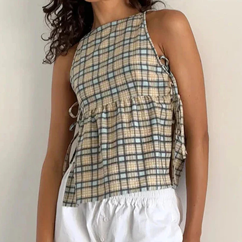 MQTIME - Cottage Plaid Cut Out Side Tie Up Vest Fairycore Vintage Y2K Milkmaid Camis Women Loose Sleeveless Crop Top Holiday