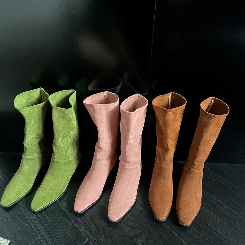 MQTIME - new Autumn winter women mid-calf boots plus size 22-26.5cm Elastic fabric+ cowhide Elastic boots pointed toe modern boots