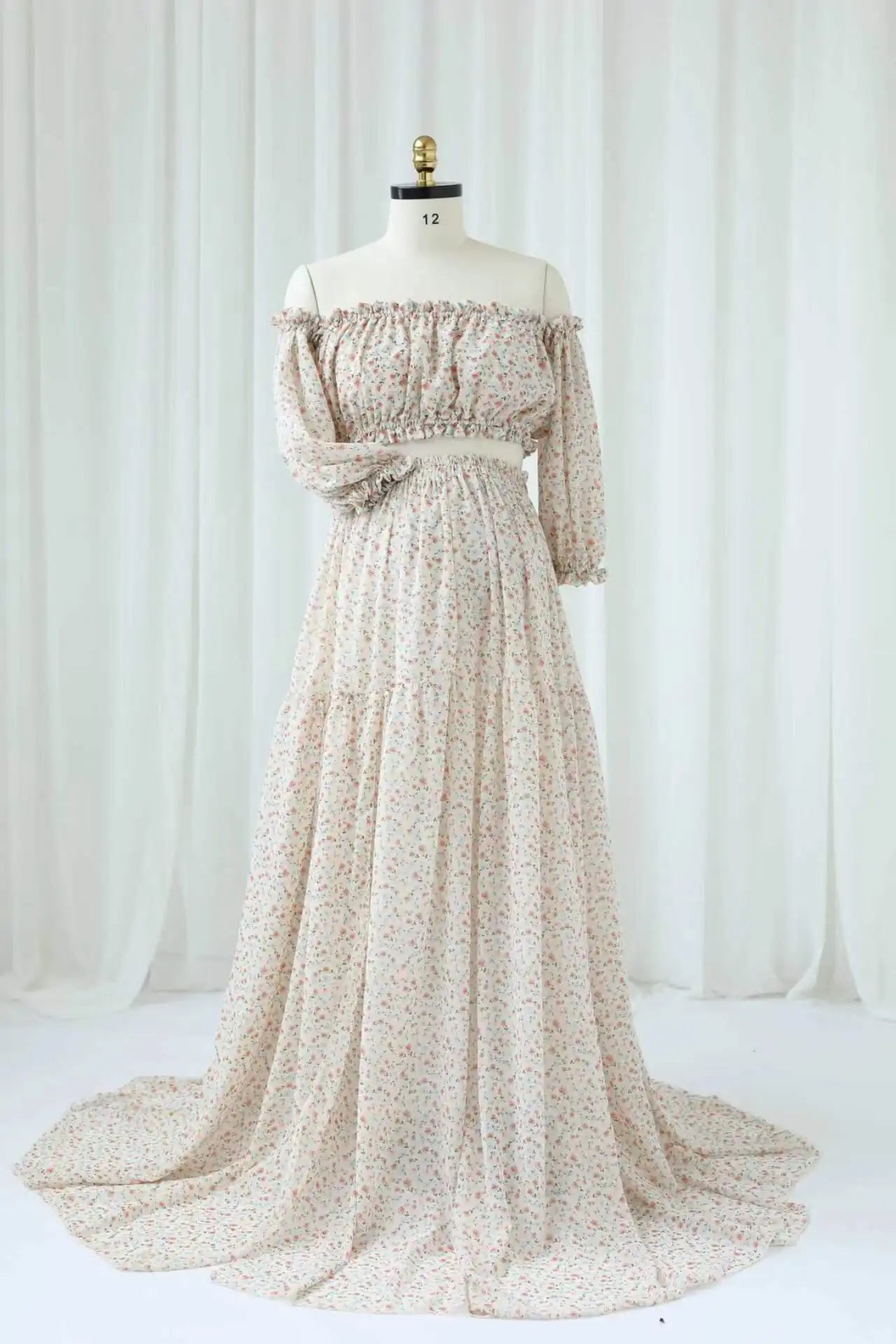 nvxiot - Maternity Photography Dress Elegant Floral chiffon Two-Piece Dress Photoshoot Photography Dress For Women Baby Showers