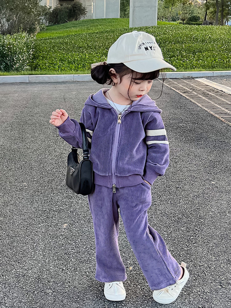 nvxiot Autumn Little Girls Children Clothing Set Two 2Pce Set Purple Hoodies Zipper Jacket +pants Baby Clothes Kids Outfits Sports Suit