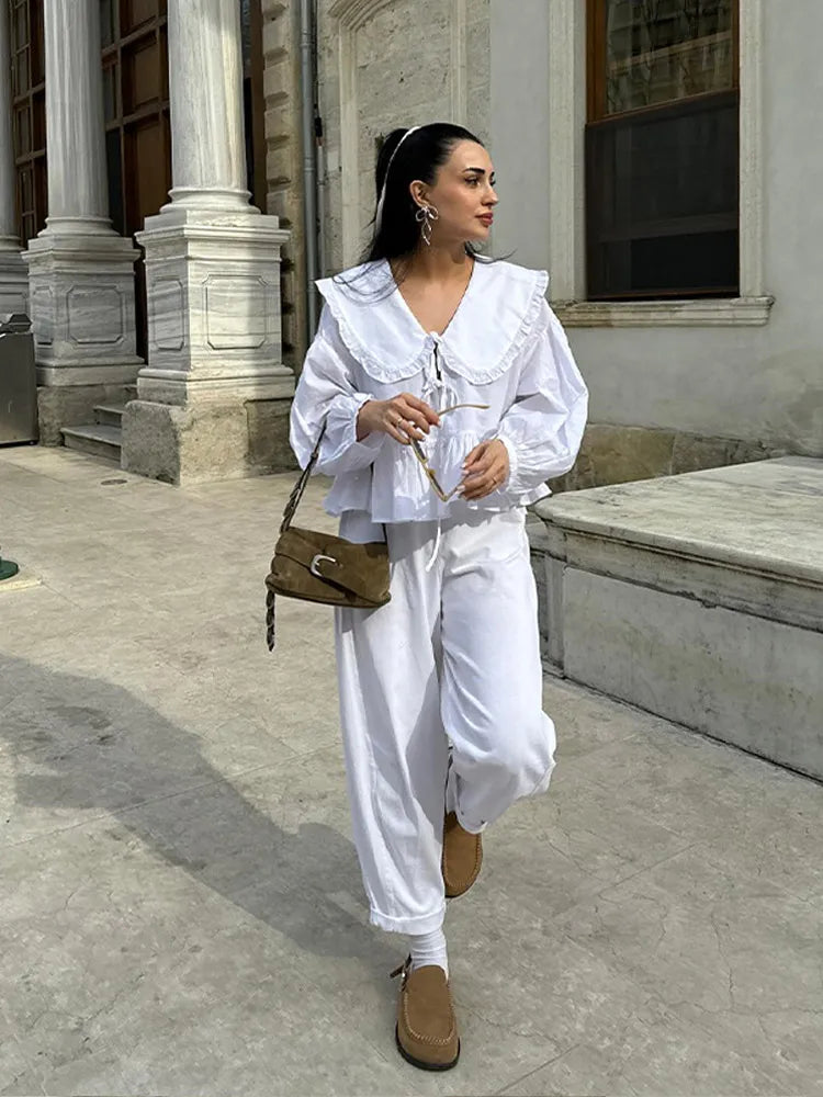 MQTIME - New Chic Lace Up Blouse for Women 2024 Spring Summer Fashion Lantern Long Sleeve O Neck Shirts Female Cropped Tops Streetwear