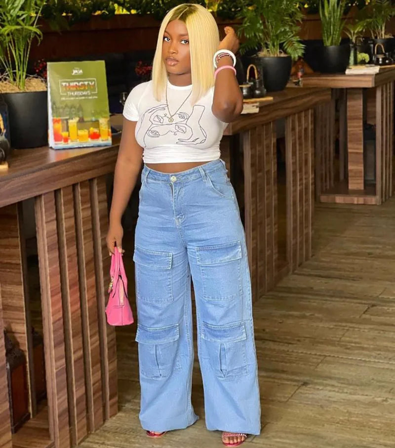 nvxiot - Streetwear Fashion Cargo Jeans Wide Leg Pants Women Multi Pockets High Waist Button Fly Loose Casual Denim Trousers Bottoms