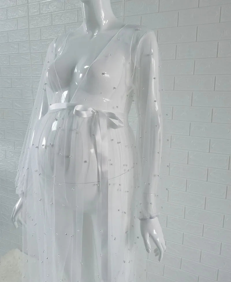 nvxiot - Mesh Beaded Maternity Photography Dress Lantern Sleeves Cardigan Sexy Perspective Pregnant SwimwearThin Breathable Gravida Shirt