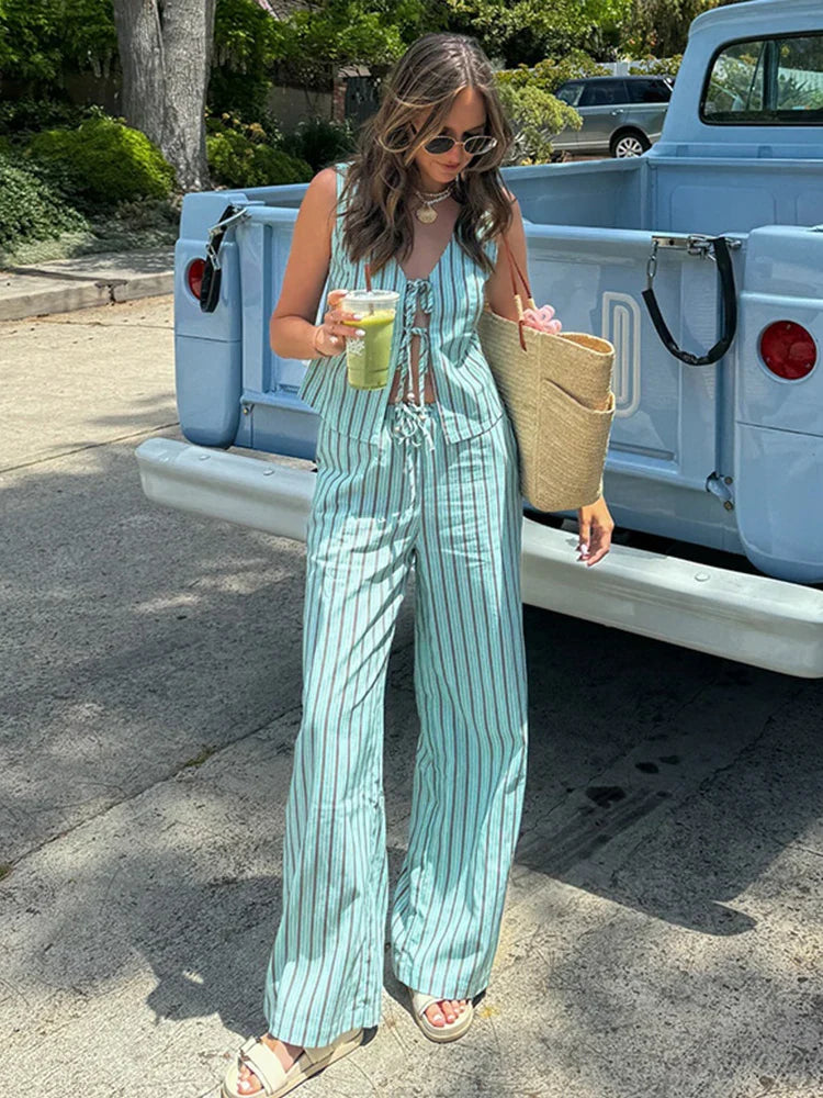 nvxiot - Striped Pants Suit Two-Piece Set 2024 Summer Lace Up Hollow V-neck Vest Drawstring Wide Leg Trousers Sets Fashion Lady Outfits