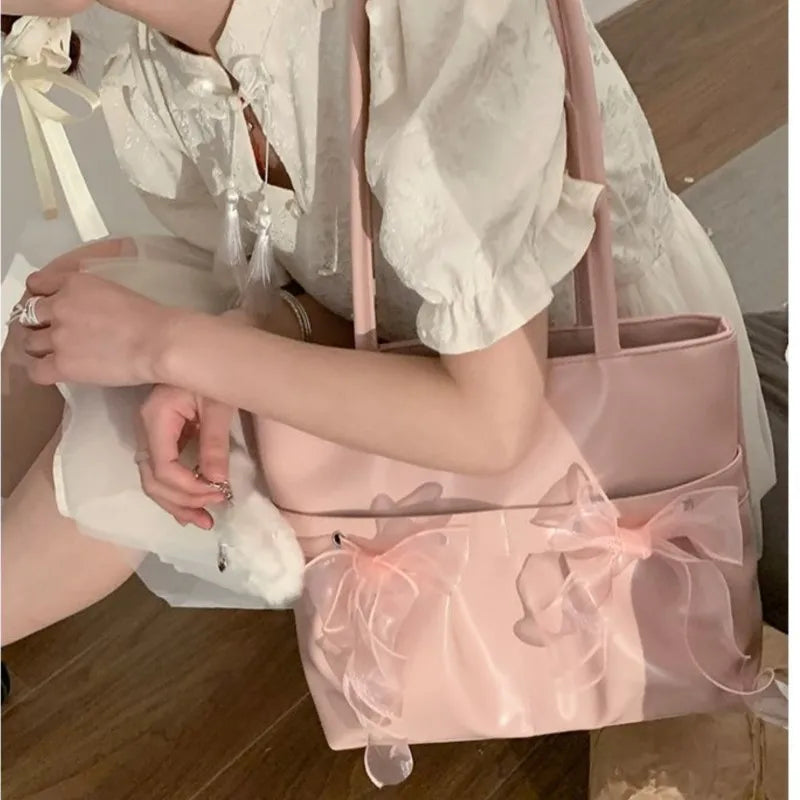 MQTIME - Fairycore Pink Y2k Shoulder Bags Women Hot Girls Bow Chic Large Capacity Handbag Ladies Harajuku Aesthetic Tote Bag 2024