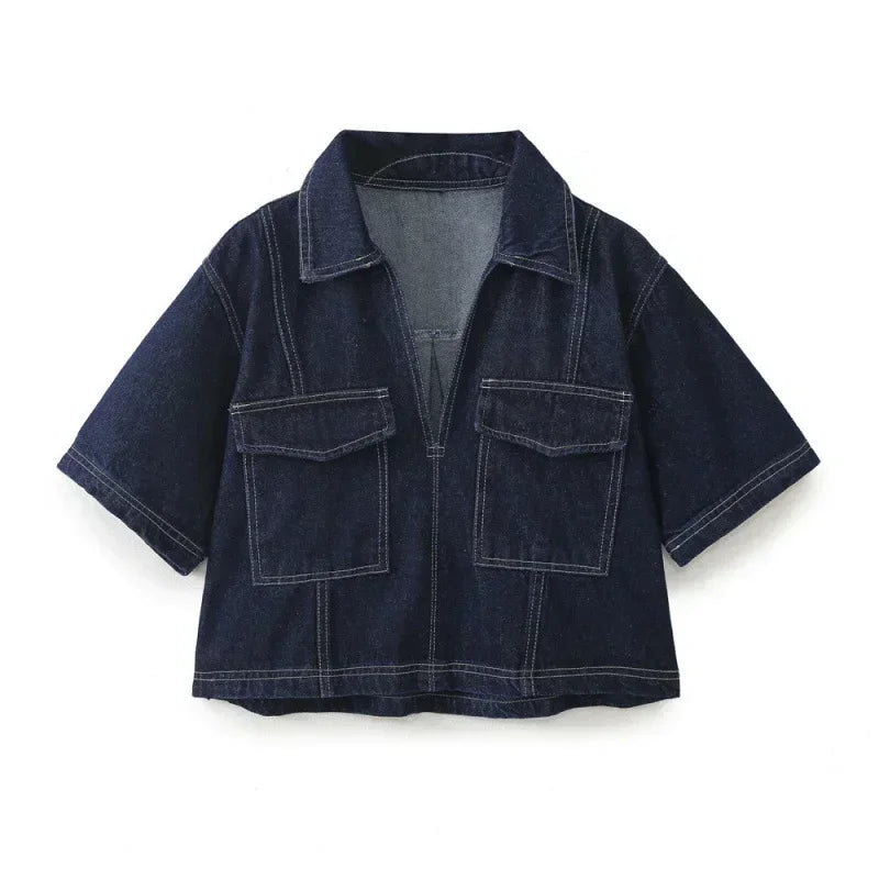 MQTIME - Denim Crop Coat Skirt Shorts 2 Piece Sets Women Fashion V-neck Short Sleeve Pocket Coats High Waist Short Summer Lady Streetwear