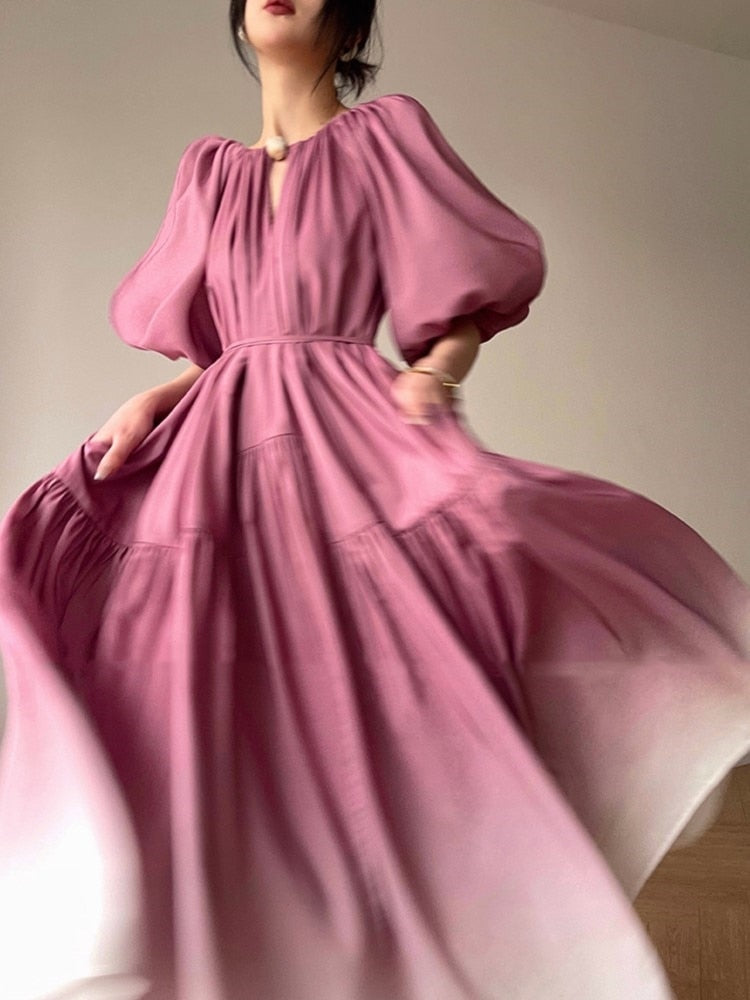nvxiot French Elegant Oversized Pleated Party Dresses For Women Summer Puff Sleeve Lace Up Vintage Robe Female Birthday Clothing